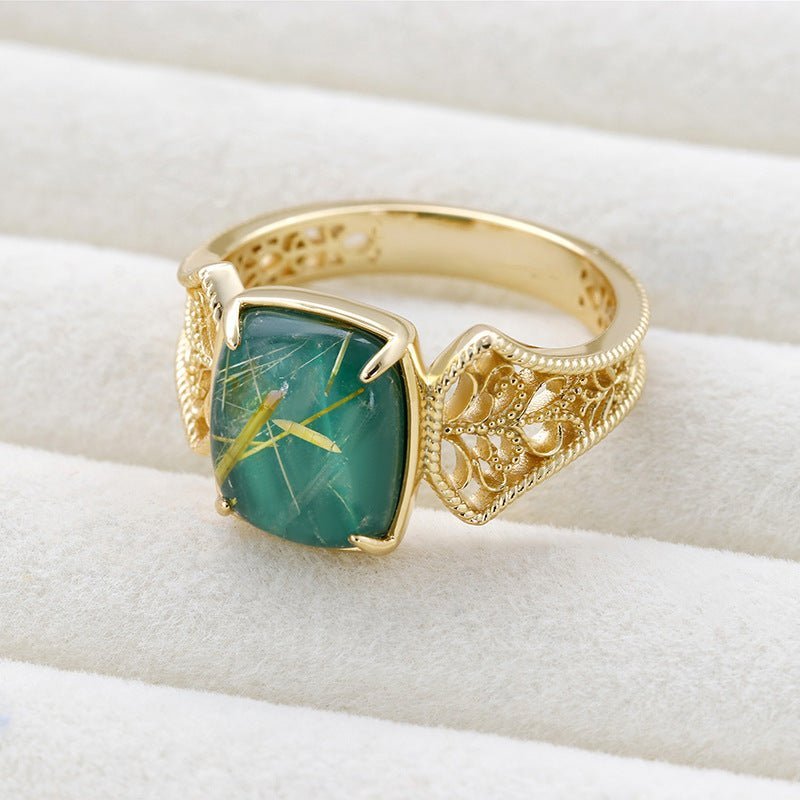 Vintage Royal Palace Style Malachite & Rutilated Quartz Ring - Crystally