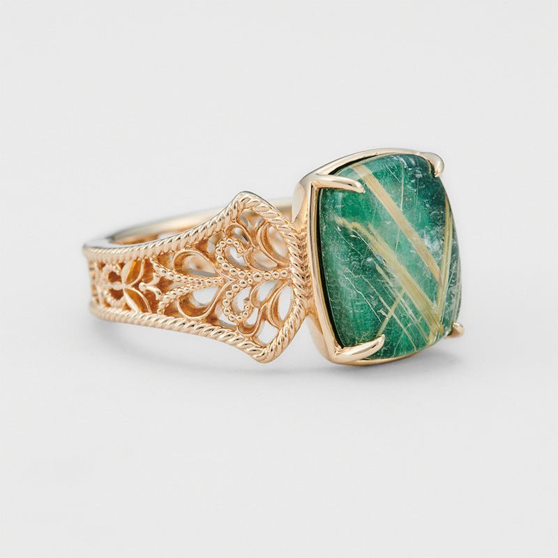 Vintage Royal Palace Style Malachite & Rutilated Quartz Ring - Crystally