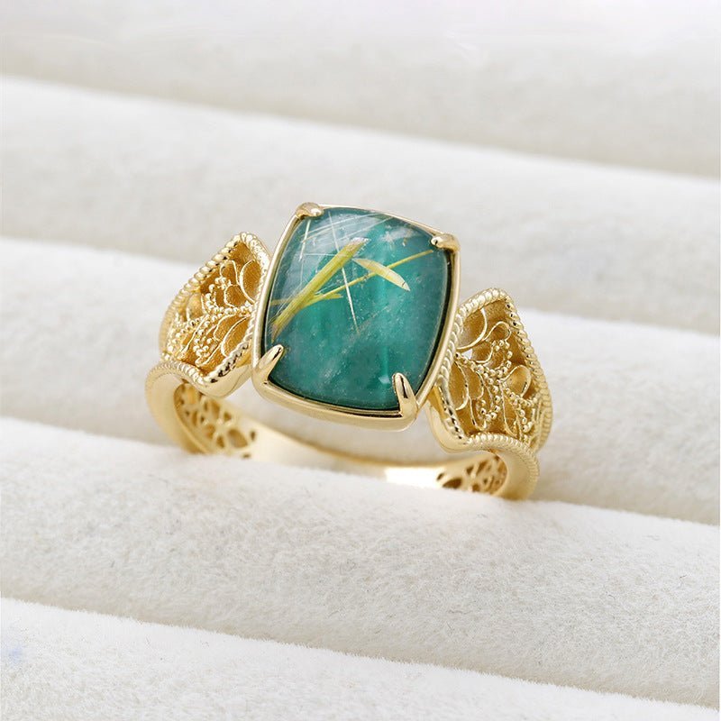 Vintage Royal Palace Style Malachite & Rutilated Quartz Ring - Crystally