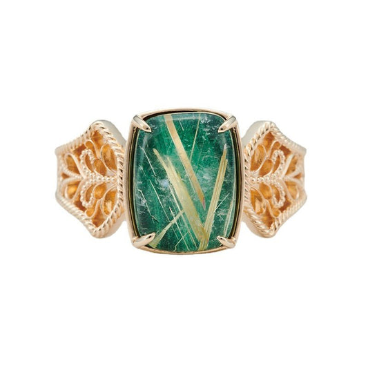 Vintage Royal Palace Style Malachite & Rutilated Quartz Ring - Crystally